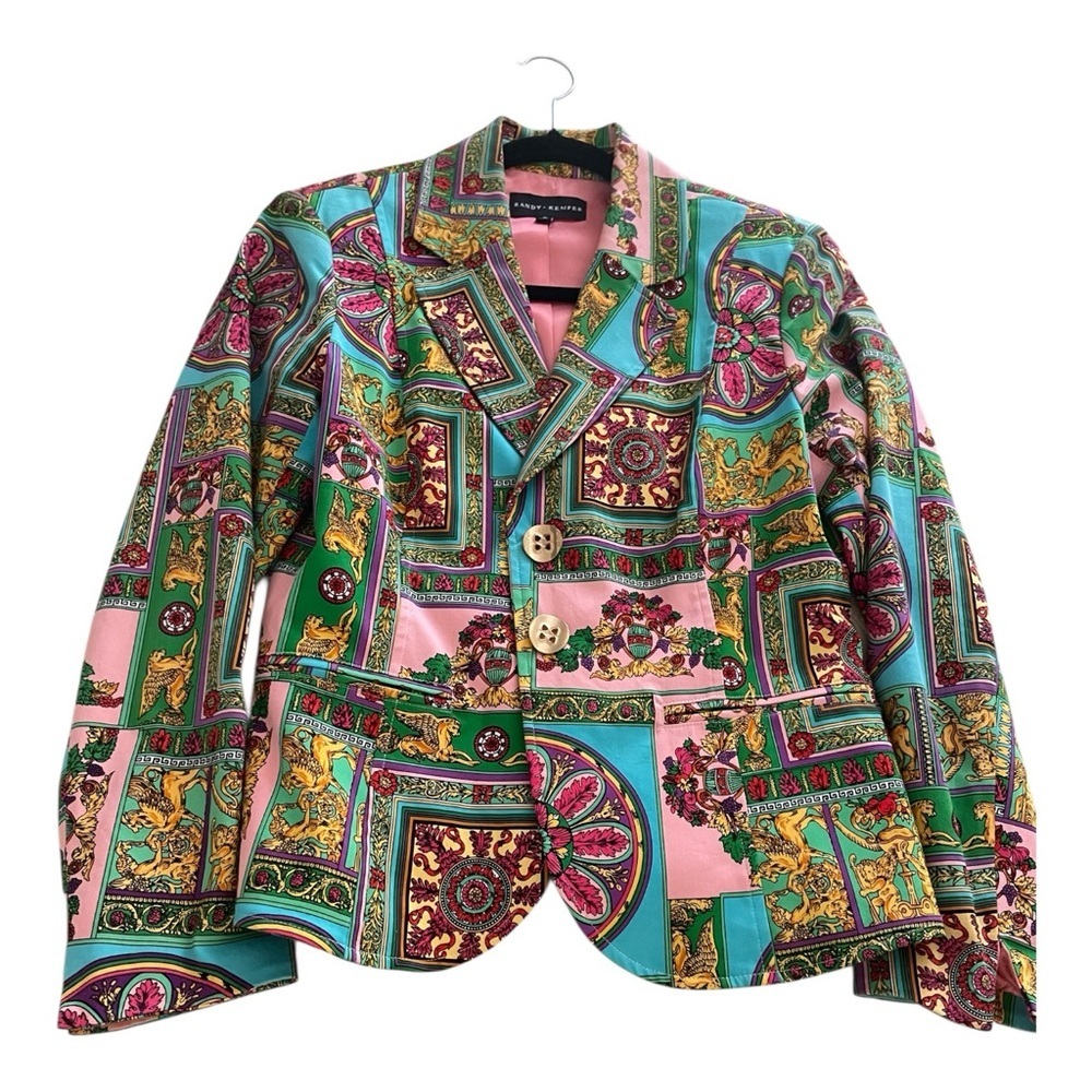 Randy Kemper Designer Cotton Luxury Blazer, Colorful Print, Size 8.